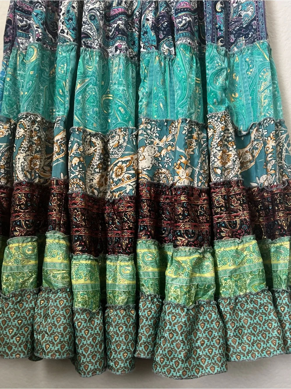 Multi-Color Silk Blend Floral Patchwork Tiered Ruffle Skirt Free Size Gypsy Boho